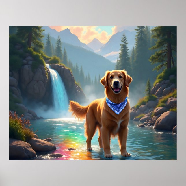 Golden Retriever in a Fantasy Rainbow River Poster (Front)
