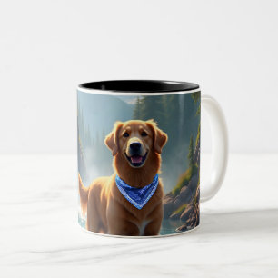 Golden Retriever in a Fantasy Rainbow River Two-Tone Coffee Mug