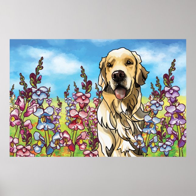 Golden Retriever in a Meadow of Snapdragons Poster (Front)