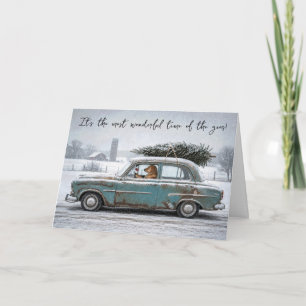 Golden Retriever in a Retro Car with Pine Tree Card