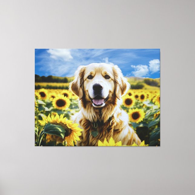 Golden Retriever in a Sunflower Field Canvas Print (Front)