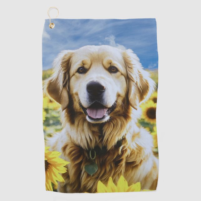 Golden Retriever in a Sunflower Field Golf Towel (Front)