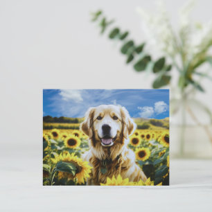 Golden Retriever in a Sunflower Field Postcard