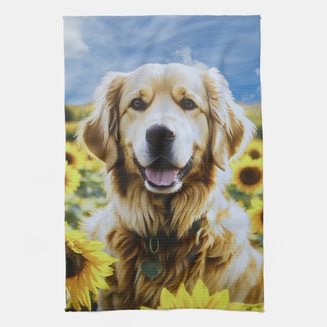 Golden Retriever in a Sunflower Field Tea Towel (Vertical)