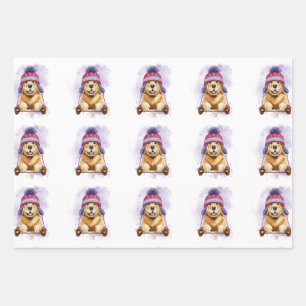 Golden Retriever In a Toboggan  Wrapping Paper Sheet