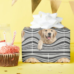 Golden Retriever in Abstract Striped Hole Wrapping Paper