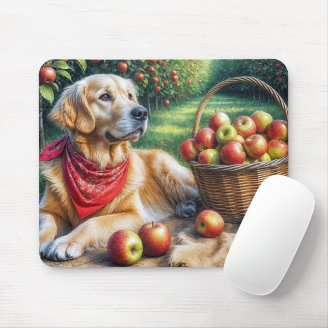 Golden Retriever In Apple Orchard Mouse Mat (With Mouse)