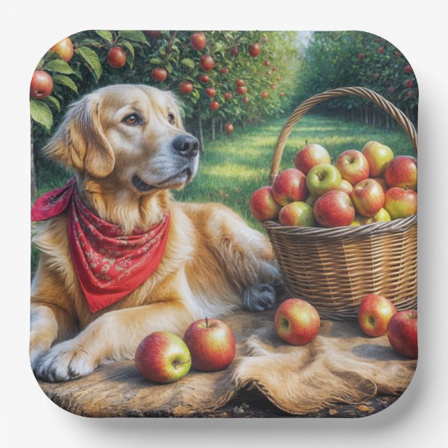Golden Retriever In Apple Orchard Paper Plate (Front)
