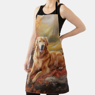 Golden Retriever in Autumn Leaves Fall Inspire Apron