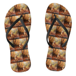 Golden Retriever in Autumn Leaves Fall Inspire  Flip Flops