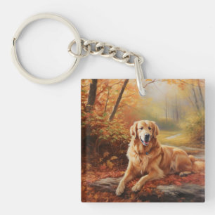 Golden Retriever in Autumn Leaves Fall Inspire Key Ring