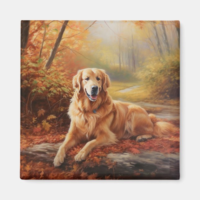 Golden Retriever in Autumn Leaves Fall Inspire  Magnet (Front)