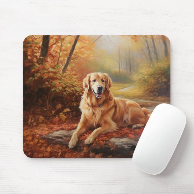 Golden Retriever in Autumn Leaves Fall Inspire  Mouse Mat (With Mouse)