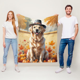 Golden Retriever In Autumn Leaves Thanksgiving Art Fleece Blanket