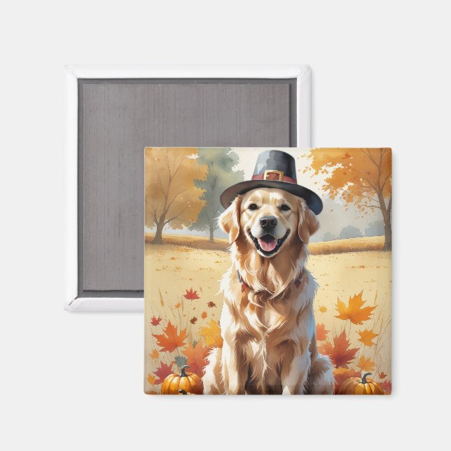 Golden Retriever In Autumn Leaves Thanksgiving Art Magnet (Front/Back)