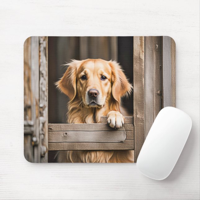 Golden Retriever In Barn Window Mouse Mat (With Mouse)