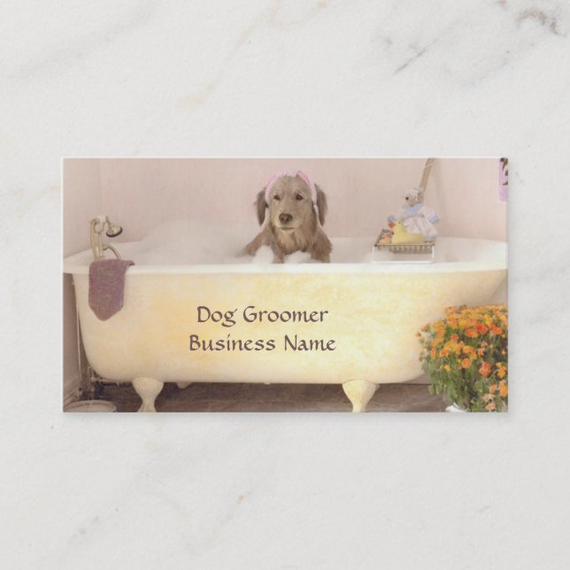 Golden Retriever In Bath Tub Groomer Business Card (Front)