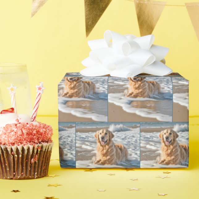 Golden Retriever In Beach Wave Wrapping Paper (Birthday Party)