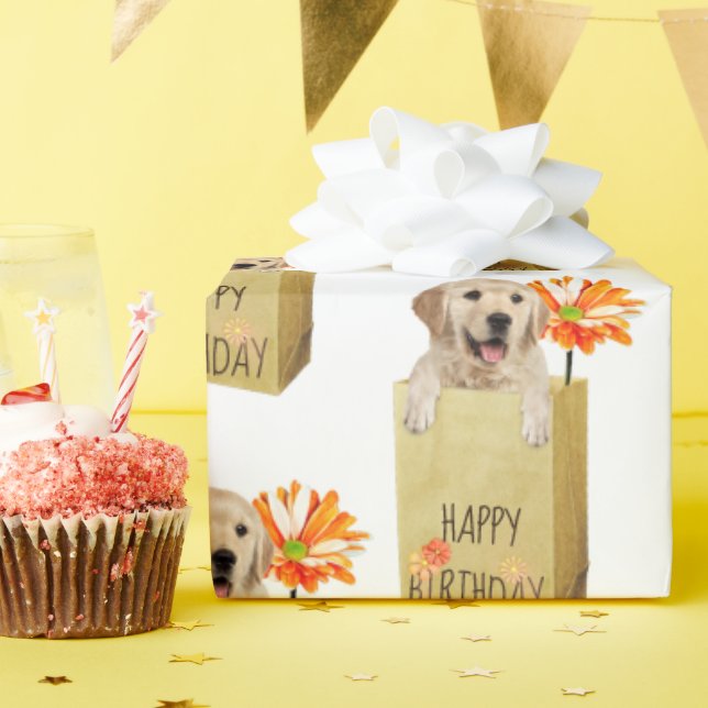 Golden Retriever in Birthday Bag Wrapping Paper (Birthday Party)