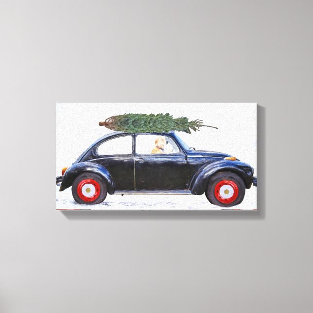 Golden Retriever in black car with Christmas tree Canvas Print (Front)