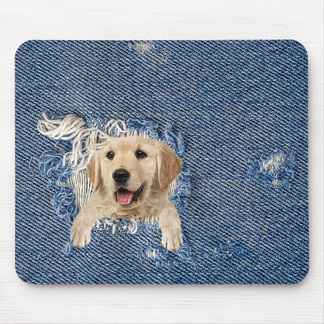 golden retriever in blue jean hole mouse mat (Front)
