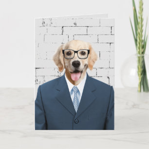 golden retriever in business suit card