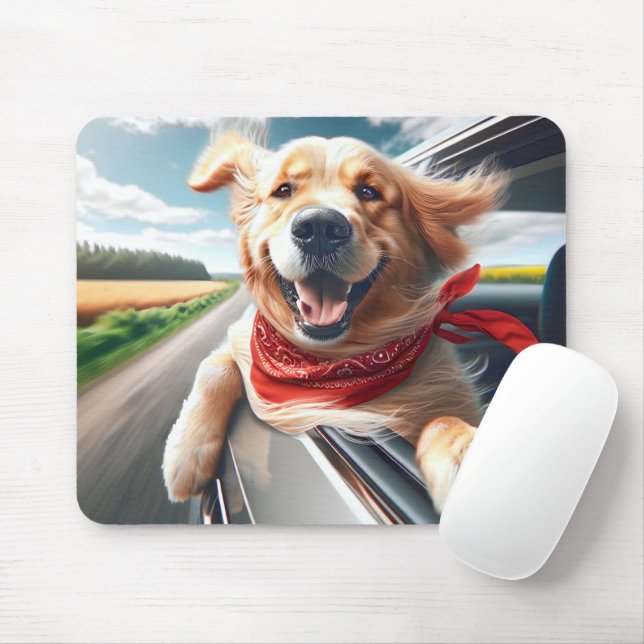 Golden Retriever In Car Window Mouse Mat (With Mouse)