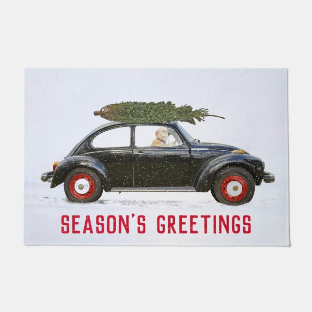Golden Retriever In Car  with Christmas Tree Doormat (Front)