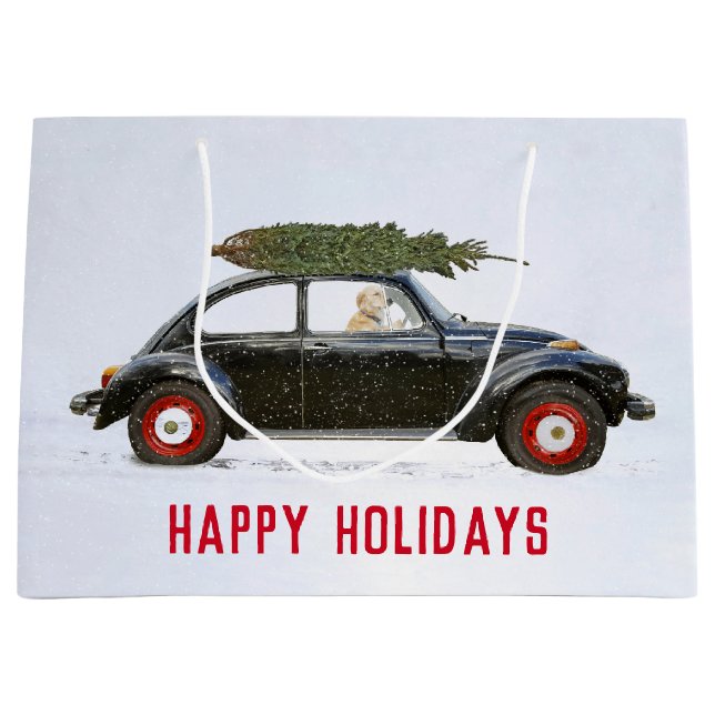 Golden Retriever In Car with Christmas Tree Large Gift Bag (Front)
