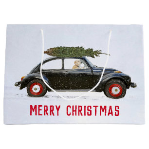 Golden Retriever In Car with Christmas Tree Large  Large Gift Bag