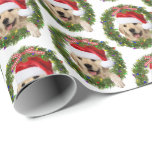 Golden Retriever in Christmas wreath and lights Wrapping Paper<br><div class="desc">Cute golden retriever in green Christmas wreath with holidays lights and Santa Claus hat on white.
Background colour can be changed.</div>