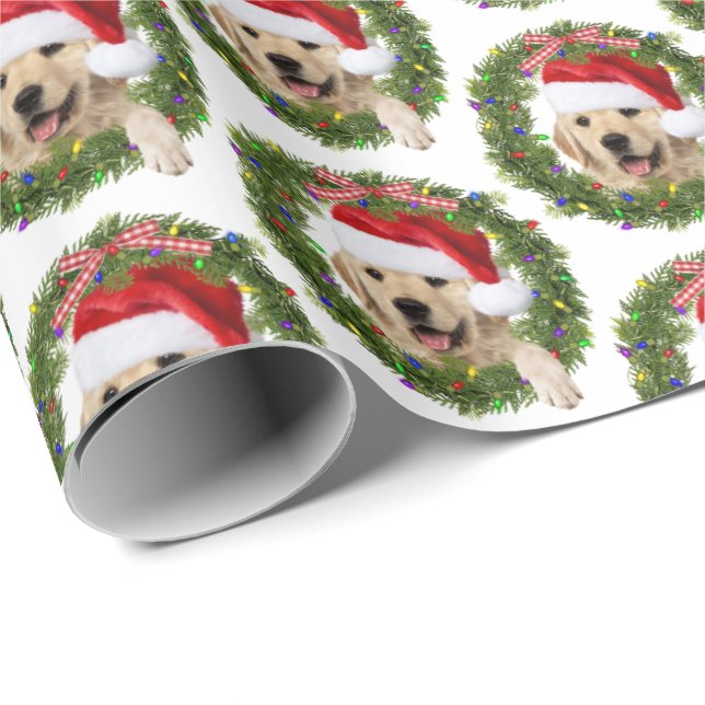 Golden Retriever in Christmas wreath and lights Wrapping Paper (Roll Corner)