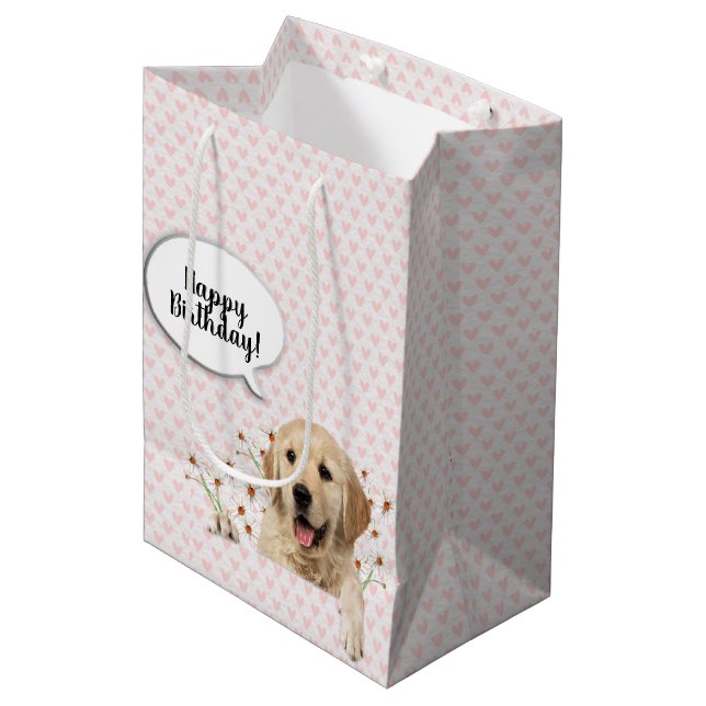 Golden Retriever in daisies and hearts Medium Gift Bag (Front Angled)