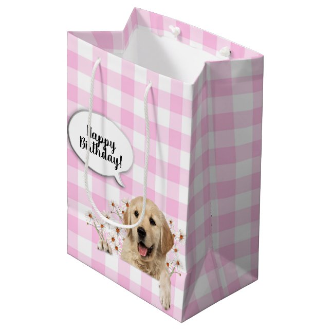 Golden Retriever in daisies on gingham Medium Gift Bag (Front Angled)
