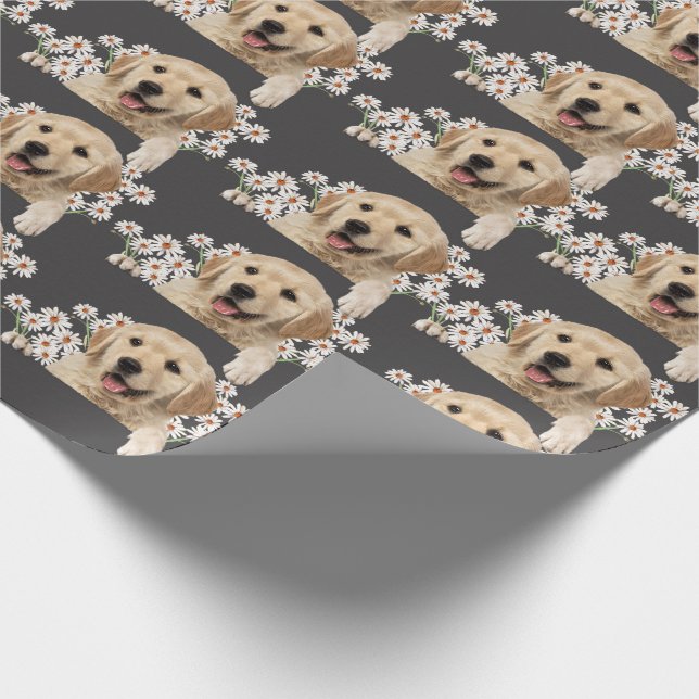 Golden Retriever in daisies on grey Wrapping Paper (Corner)