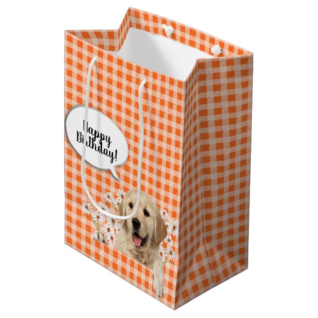 Golden Retriever in daisies on orange gingham Medium Gift Bag (Front Angled)
