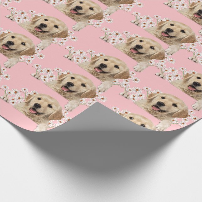 Golden Retriever in daisies on pink Wrapping Paper (Corner)