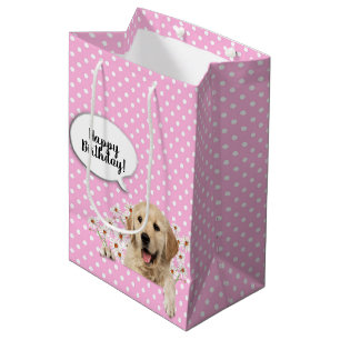 Golden Retriever in daisies on polka dots Medium Gift Bag