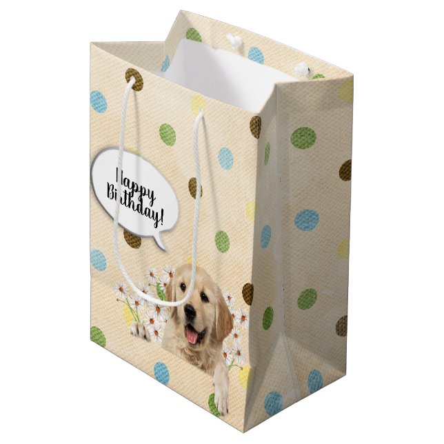 Golden Retriever in daisies on polka dots Medium Gift Bag (Front Angled)
