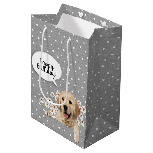 Golden Retriever in daisies on polka dots Medium Gift Bag (Front Angled)
