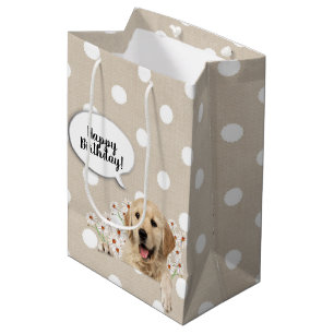 Golden Retriever in daisies on polka dots Medium Gift Bag