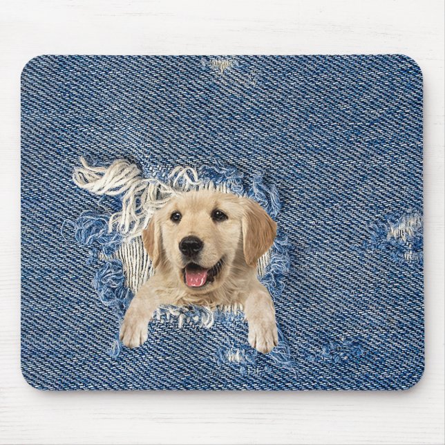 Golden Retriever in Denim Hole Mouse Mat (Front)