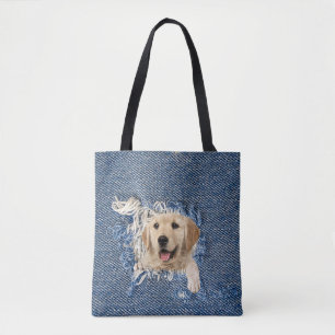 Golden Retriever in Denim Hole Tote Bag