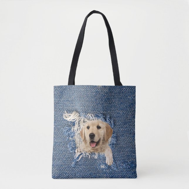 Golden Retriever in Denim Hole Tote Bag (Front)