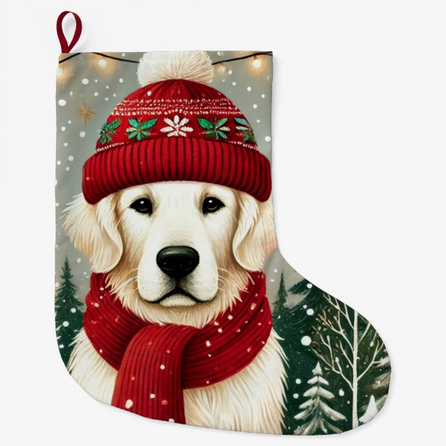 Golden Retriever in Festive Sweater - Cozy Christm Large Christmas Stocking (Front)