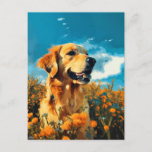 Golden Retriever in Floral Fields - Postcard