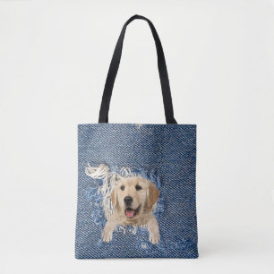 Golden Retriever in frayed blue denim hole Tote Bag