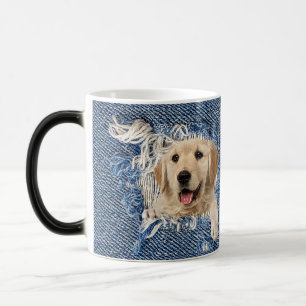 golden retriever in frayed denim hole magic mug
