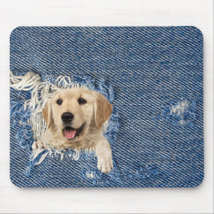 golden retriever in frayed denim hole mouse mat