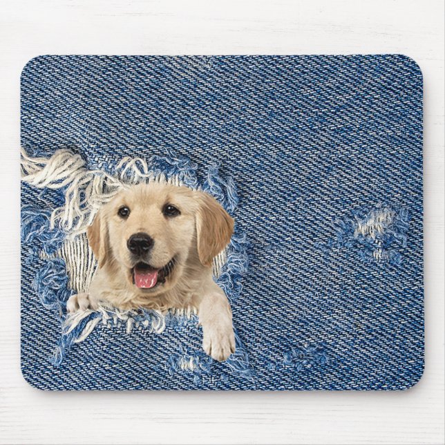 golden retriever in frayed denim hole mouse mat (Front)